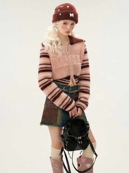 Striped Double Wool Zipper Cardigan Top
