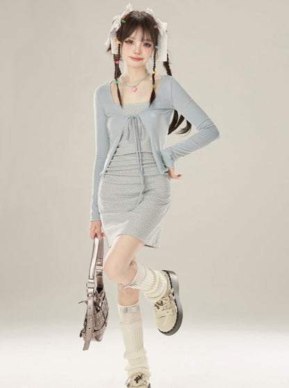 French Floral Dress Cardigan Suspender Short