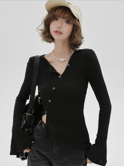 Vボタンウエストスリムシャツボトルネック斜め