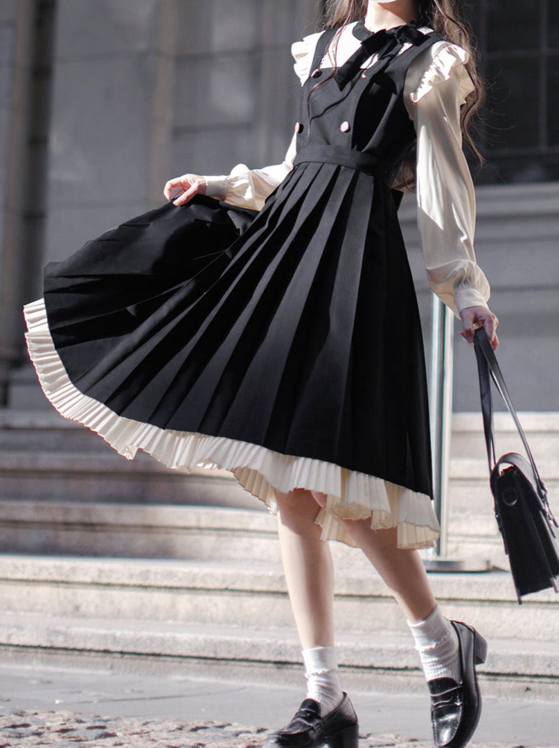 Pleated Ruffle Ribbon College Dress Shirt Accessories Retro Suspender + Elegant Layered Shoulder + Lace