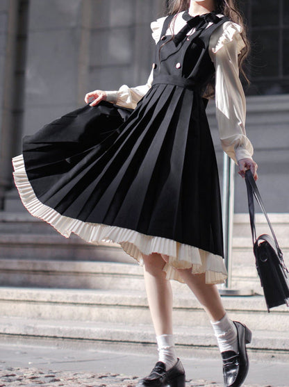 Pleated Ruffle Ribbon College Dress Shirt Accessories Retro Suspender + Elegant Layered Shoulder + Lace