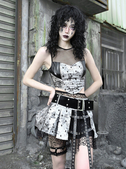 キュロット リキッドプリーツ フィッシュネット パンク ゴス インベイジョン ミニスカート PU