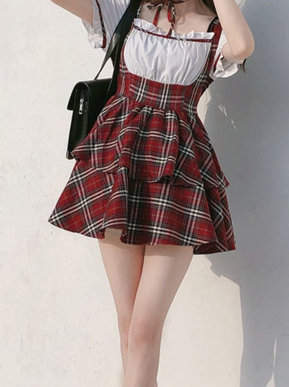 Pants Puff Scottish + Choker Ribbon Puffy Sleeve Cake + Check Dress Red