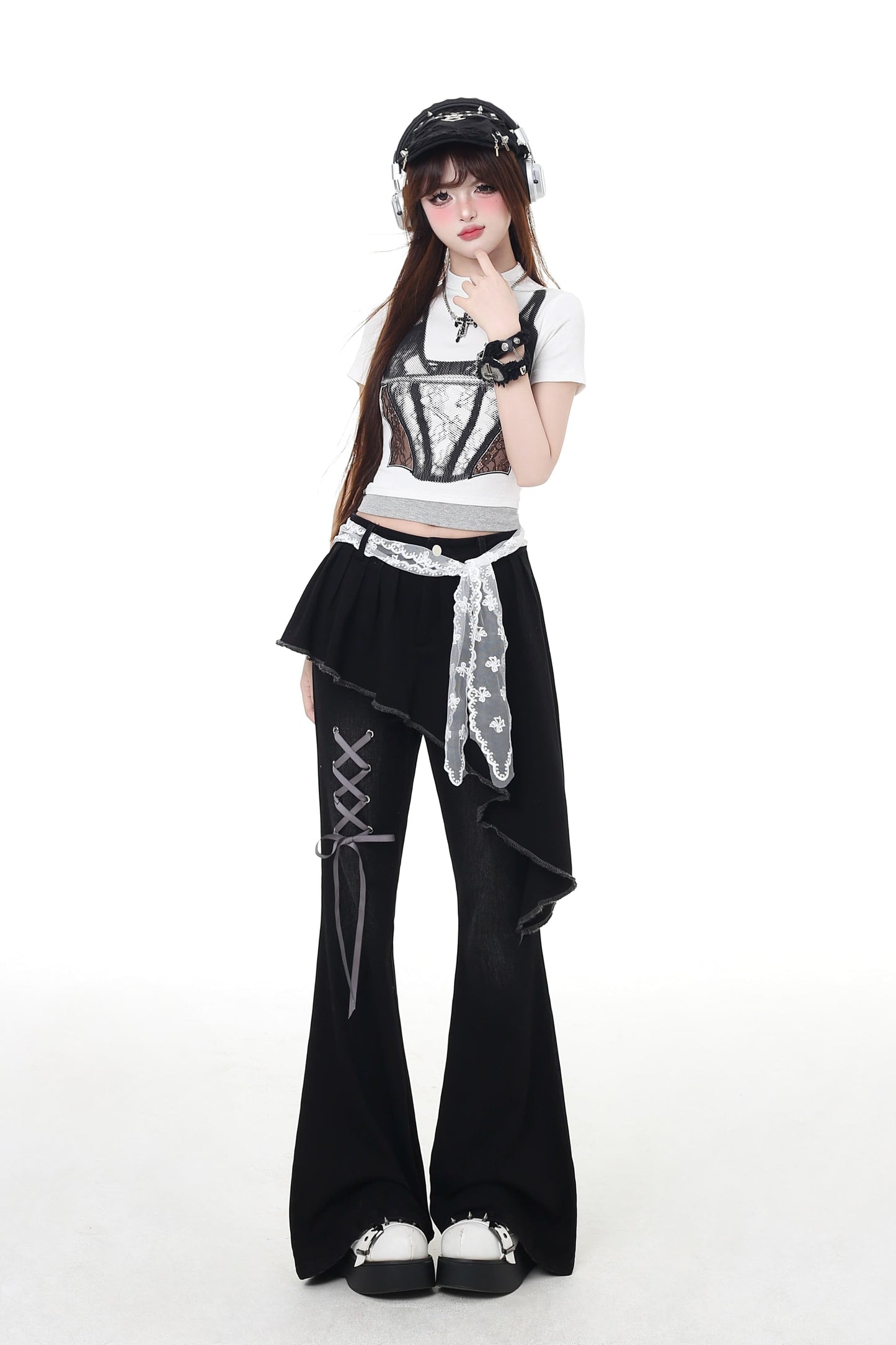 pants slim Lace-up flare long