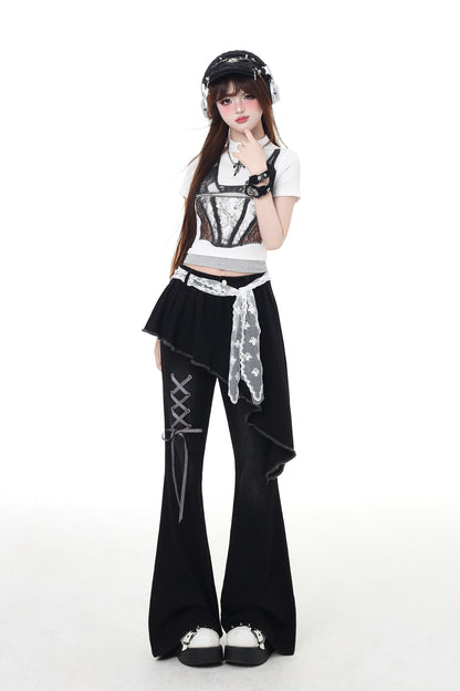 pants slim Lace-up flare long