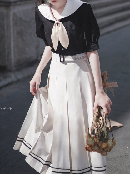 Chemise élégante à manches courtes et oreilles de lapin marin français, style rétro, col bouffant, jupe plissée