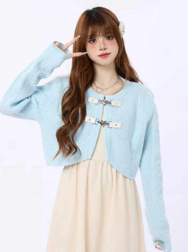 Ruffle Knit Heart Suspender Cardigan + Buckle Dress