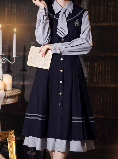 Shirt Dress Color + Tie Pleated Navy Suit Striped Badge Retro Magic Dress Academy