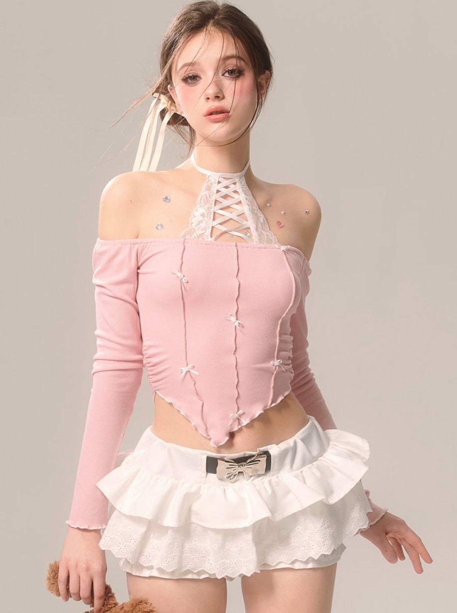 Pearl Ribbon Skirt White French Pants Lace Flared White Eye