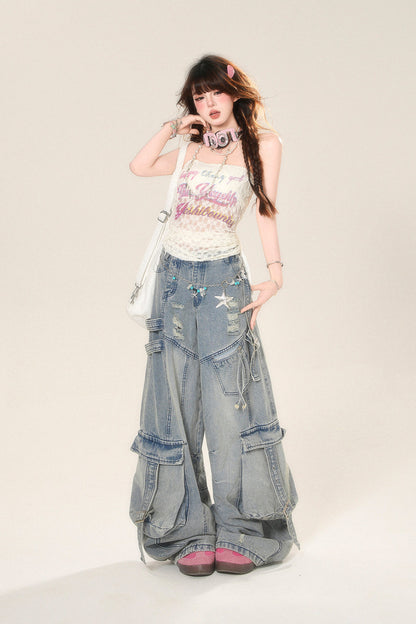 street high wide Rip denim pants