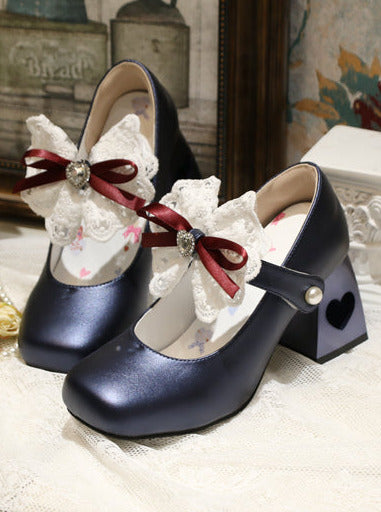 Chaussures élégantes à talons carrés en dentelle et ruban, bout pointu, Lolita Love