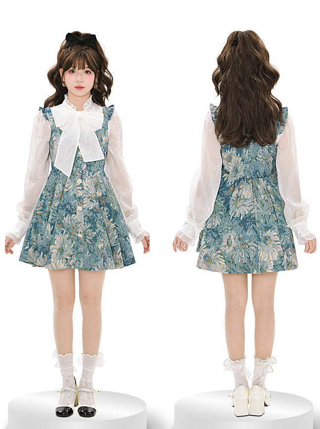 Suspender Forest Taste Oil + Bow Shirt Paint Dress Tie Chiffon Frilled