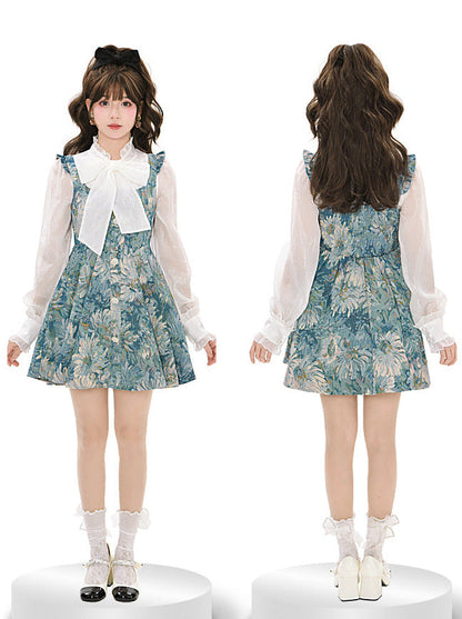 Suspender Forest Taste Oil + Bow Shirt Paint Dress Tie Chiffon Frilled