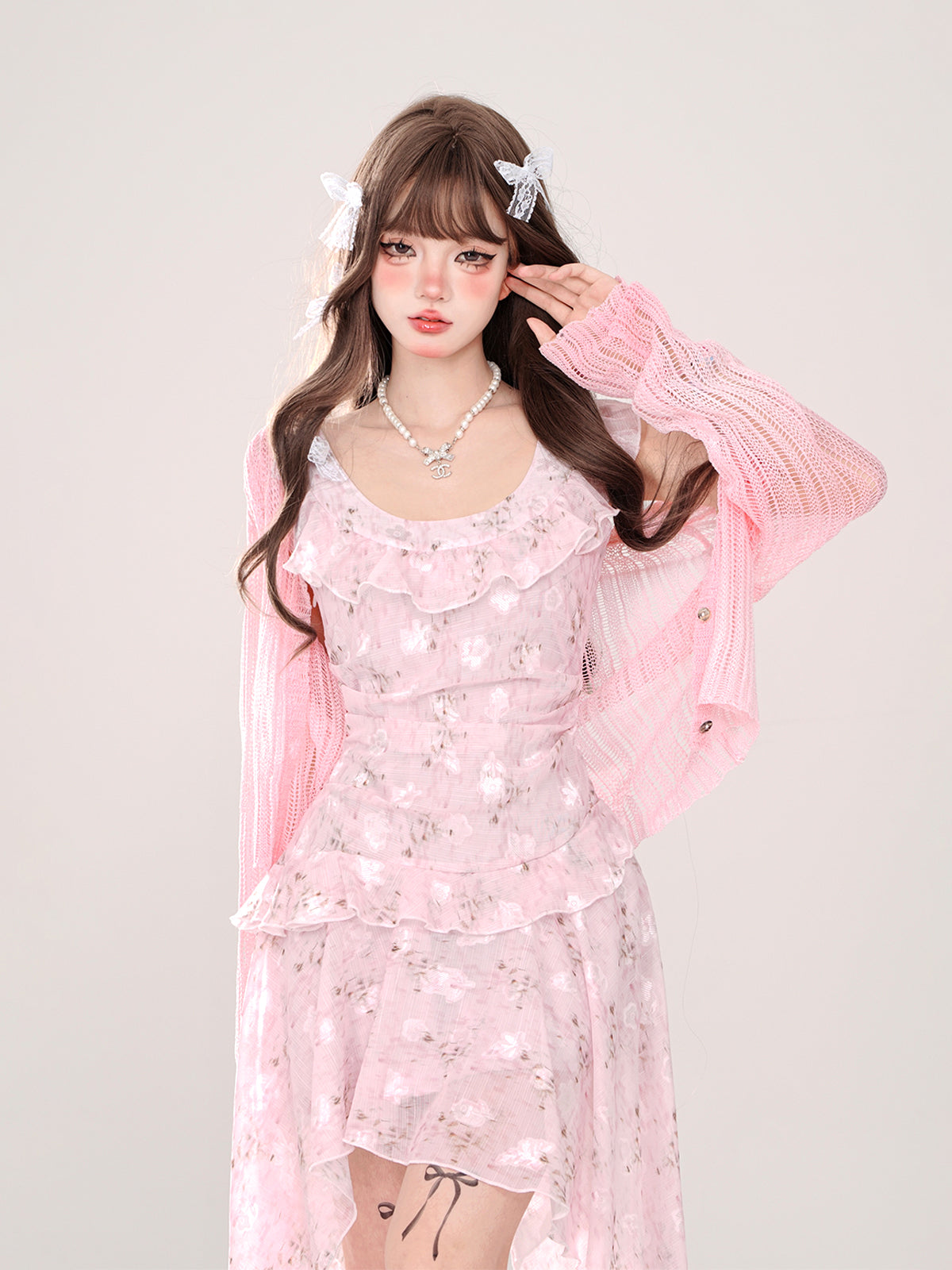 Sheer Floral Ruffle Sweet Dress Cardigan + Irregular Milky Long