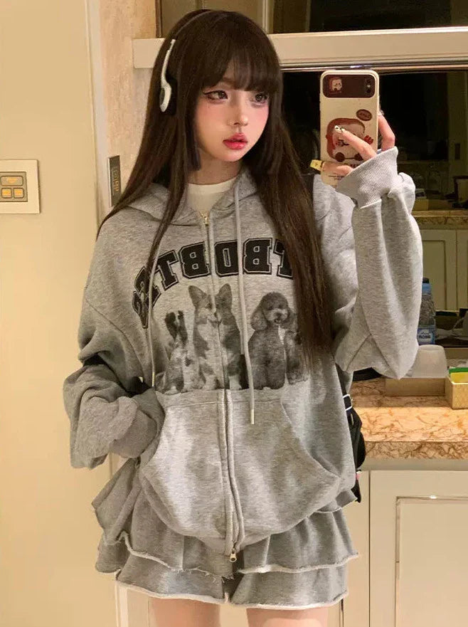 Top Sweatshirt Gray Skirt + American Retro Hoodie