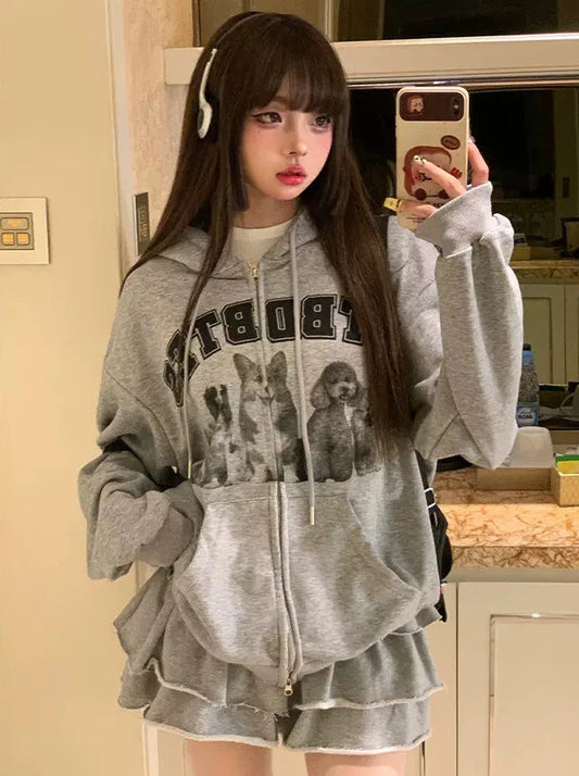 Top Sweatshirt Gray Skirt + American Retro Hoodie