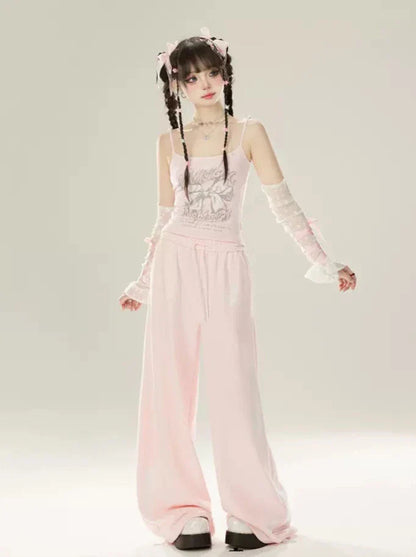 Zip Girly + Loose Butterfly Camisole Pants Jacket Ribbon Sweatshirt Hooded Pink