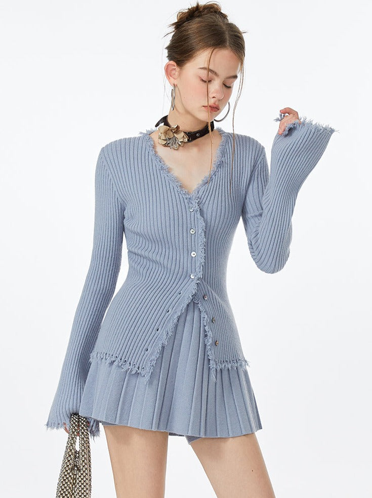 Blue Skirt Ribbed Cardigan Ice Top Flared