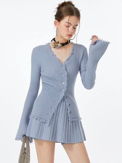 Blue Skirt Ribbed Cardigan Ice Top Flared