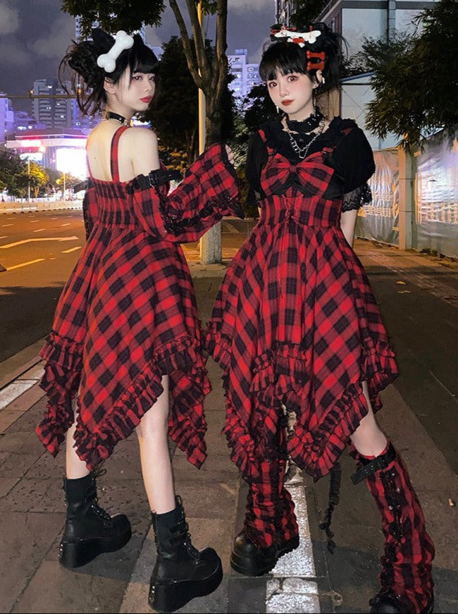 カバー ダーク レッグ スカート チェック アシンメトリー ロック サスペンド