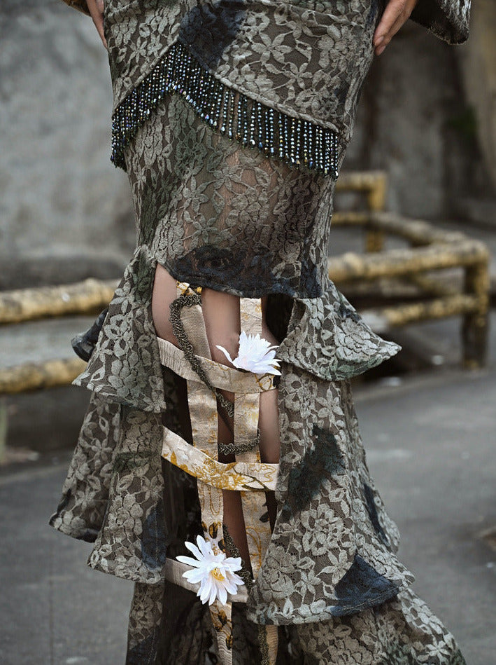 フェスティバルレースゲージドラゴンチャイナスカートバードタイダイスリム