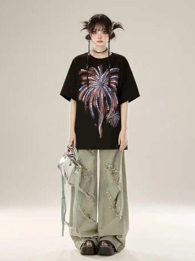 Lockeres T-Shirt Fireworks Schwarz Print