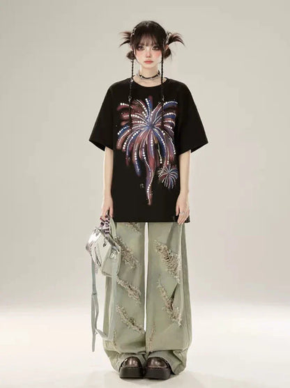 Lockeres T-Shirt Fireworks Schwarz Print