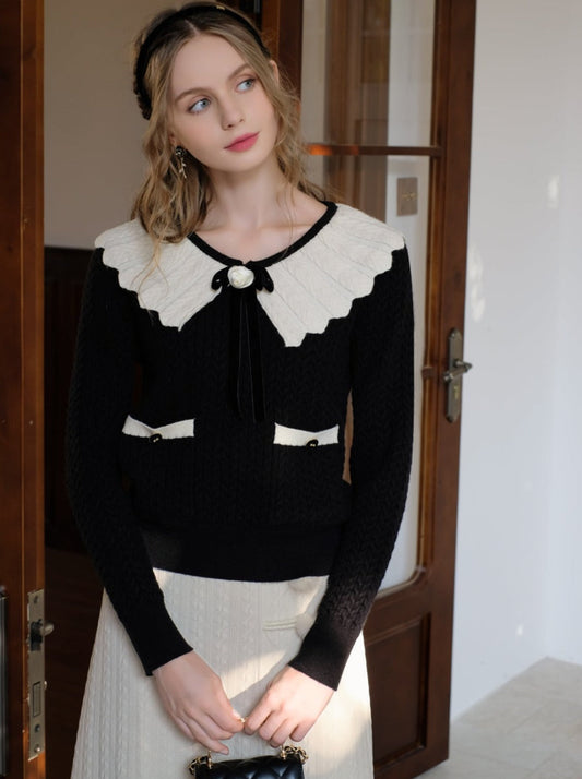 Sweater Block Web Ribbon Retro Lapel French Color Cardigan