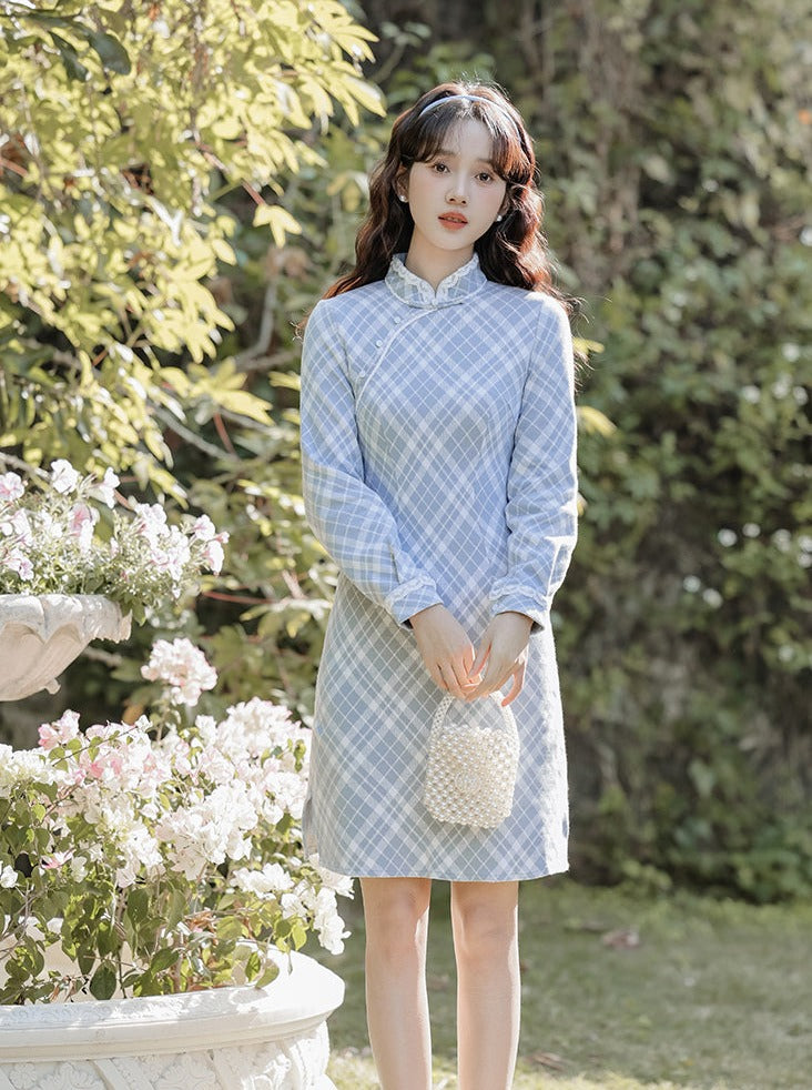 Check China + Short Knit Cardigan Dress Girly Retro