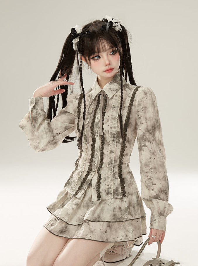 スーツのスプライスハイシャツ、インク汚れウエストレーススカート、かなり