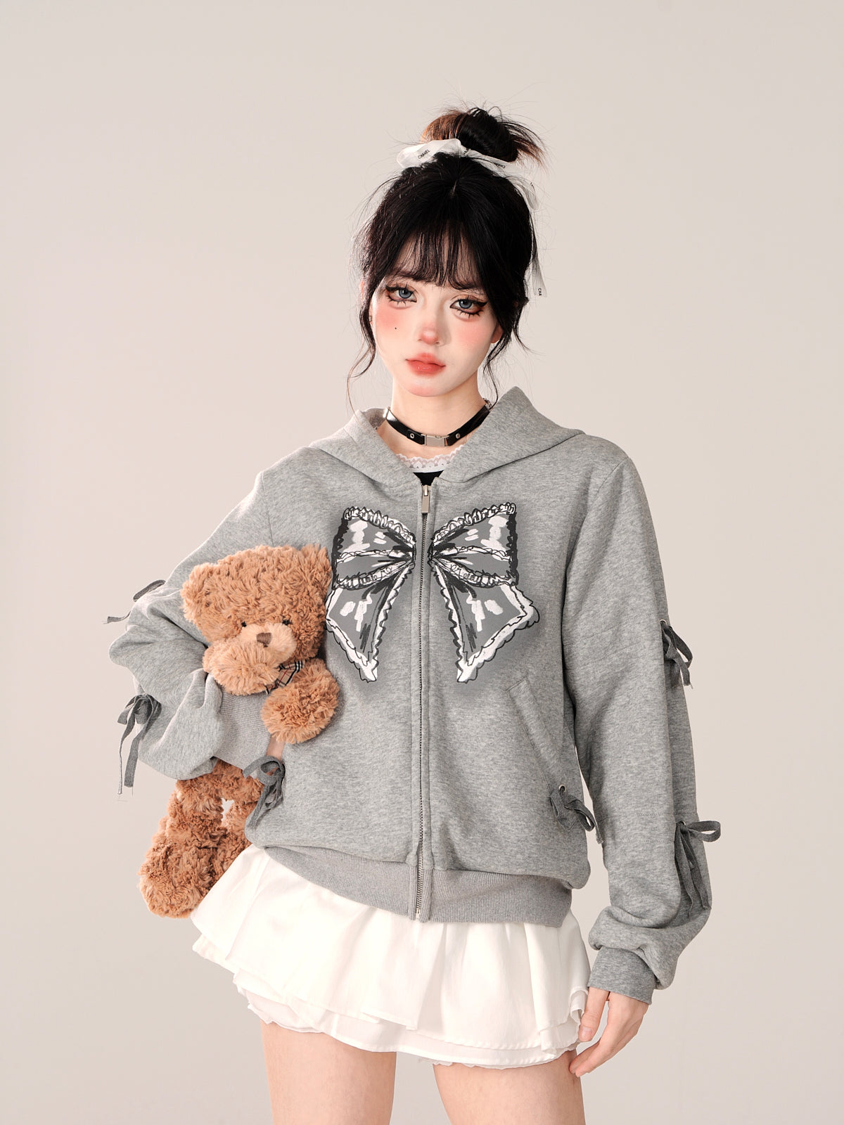 Zip-Up Hooded Loose Black Hoodie Ribbon