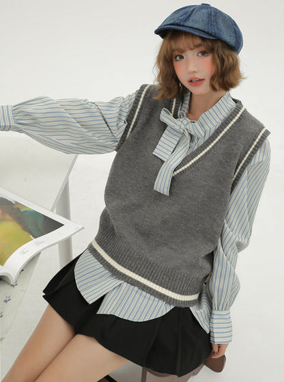 Gilet style coréen + chemise rayée à col en V