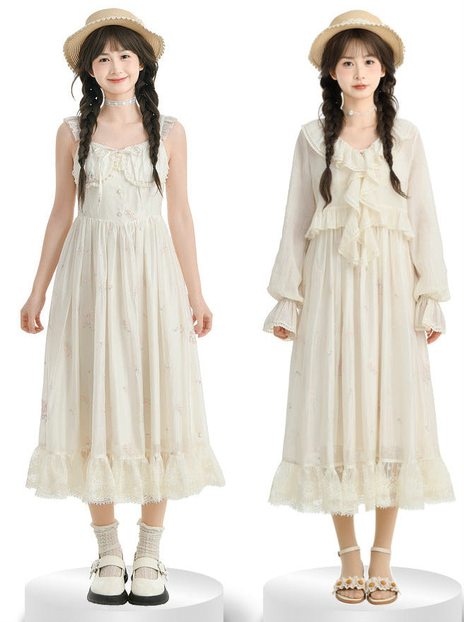 Robe en dentelle florale à volants sur les épaules, veste imprimée romantique