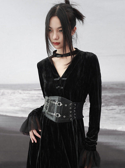 Splicing Stand Chinese V-Collar Mesh Romantic Retro Velvet Black Dress
