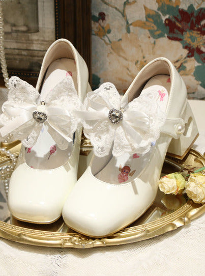 Chaussures élégantes à talons carrés en dentelle et ruban, bout pointu, Lolita Love
