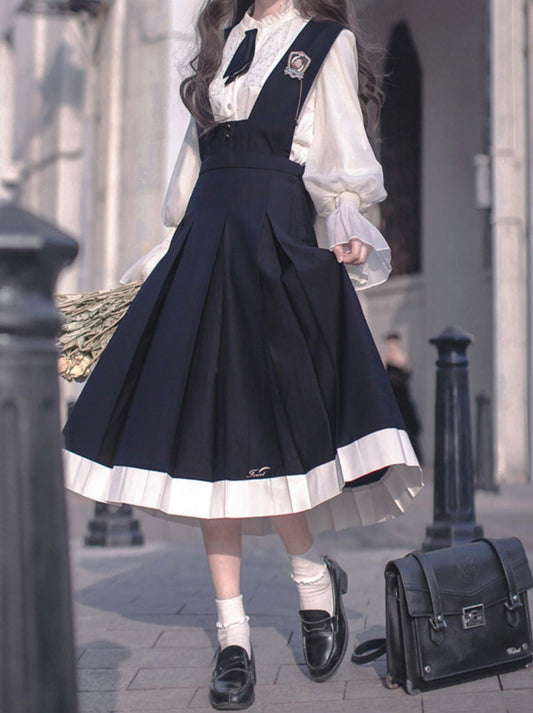 Dress Emblem + Tie + Blouse + Ruffle Retro College Beret Cyan Style Elegant Chiffon