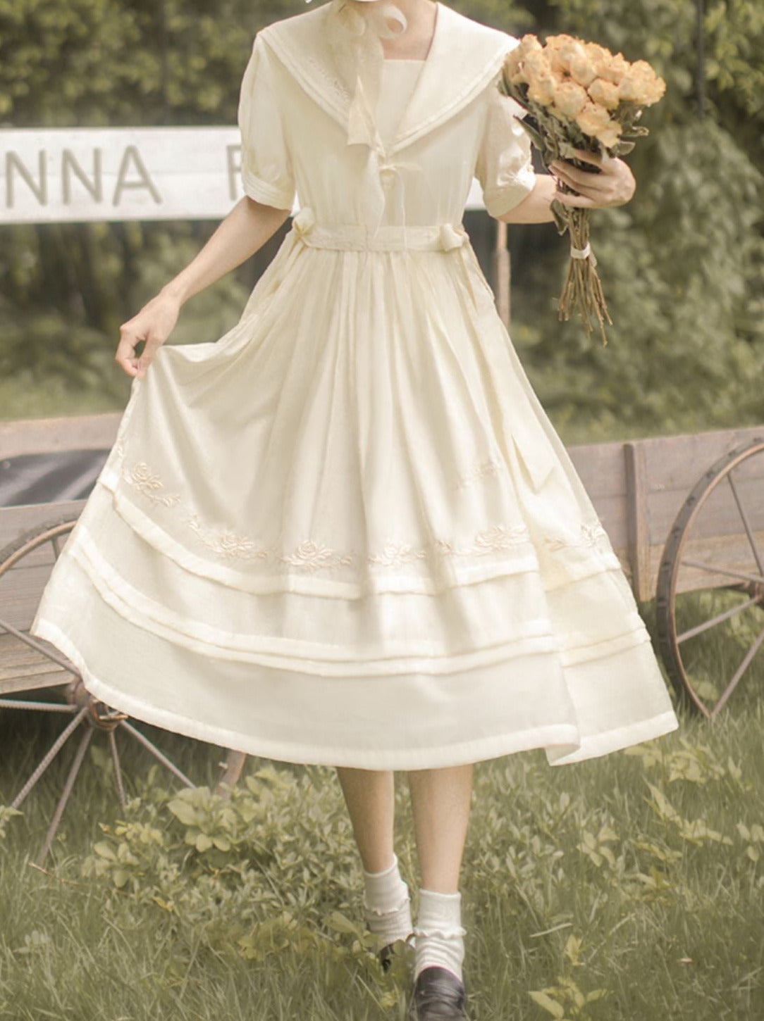 Belt Dress Rose + Skirt Over Tulle Sailor Color + Natural Fairy Collar Embroidery
