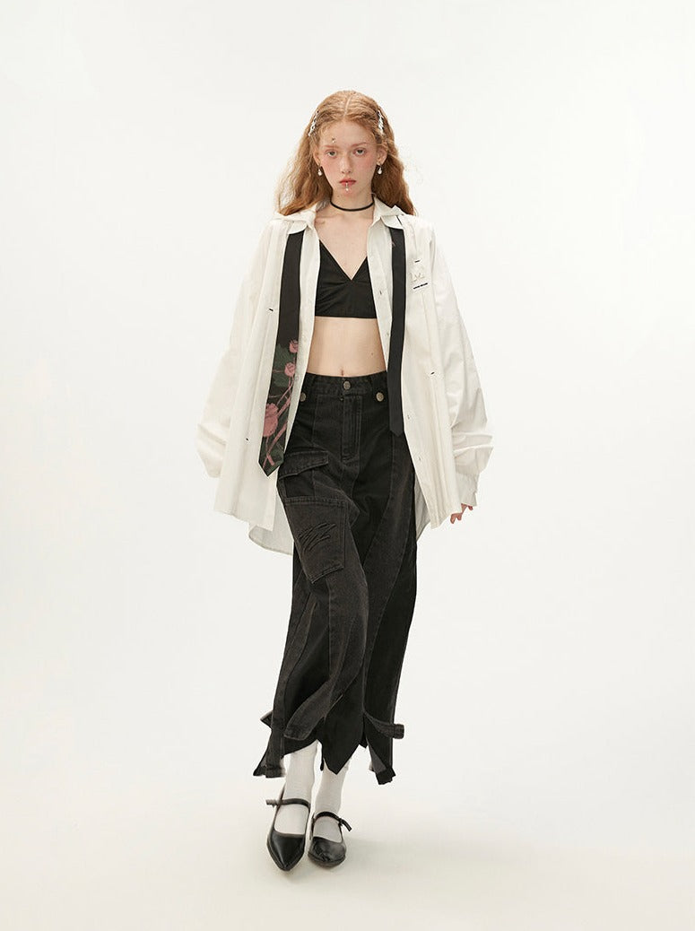 Black Leather Asymmetrical Denim Skirt