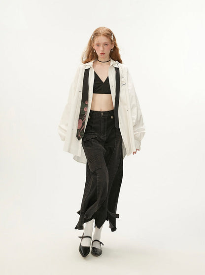 Black Leather Asymmetrical Denim Skirt