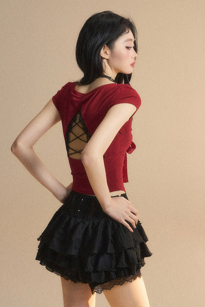 Top Reservations Ribbon Trim Lace Chic Crop