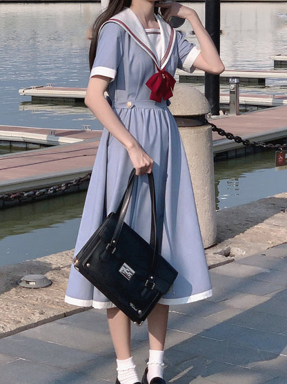 Color Sailor + Chamomile Ribbon Dress Elegant Blue Route Tie Gray