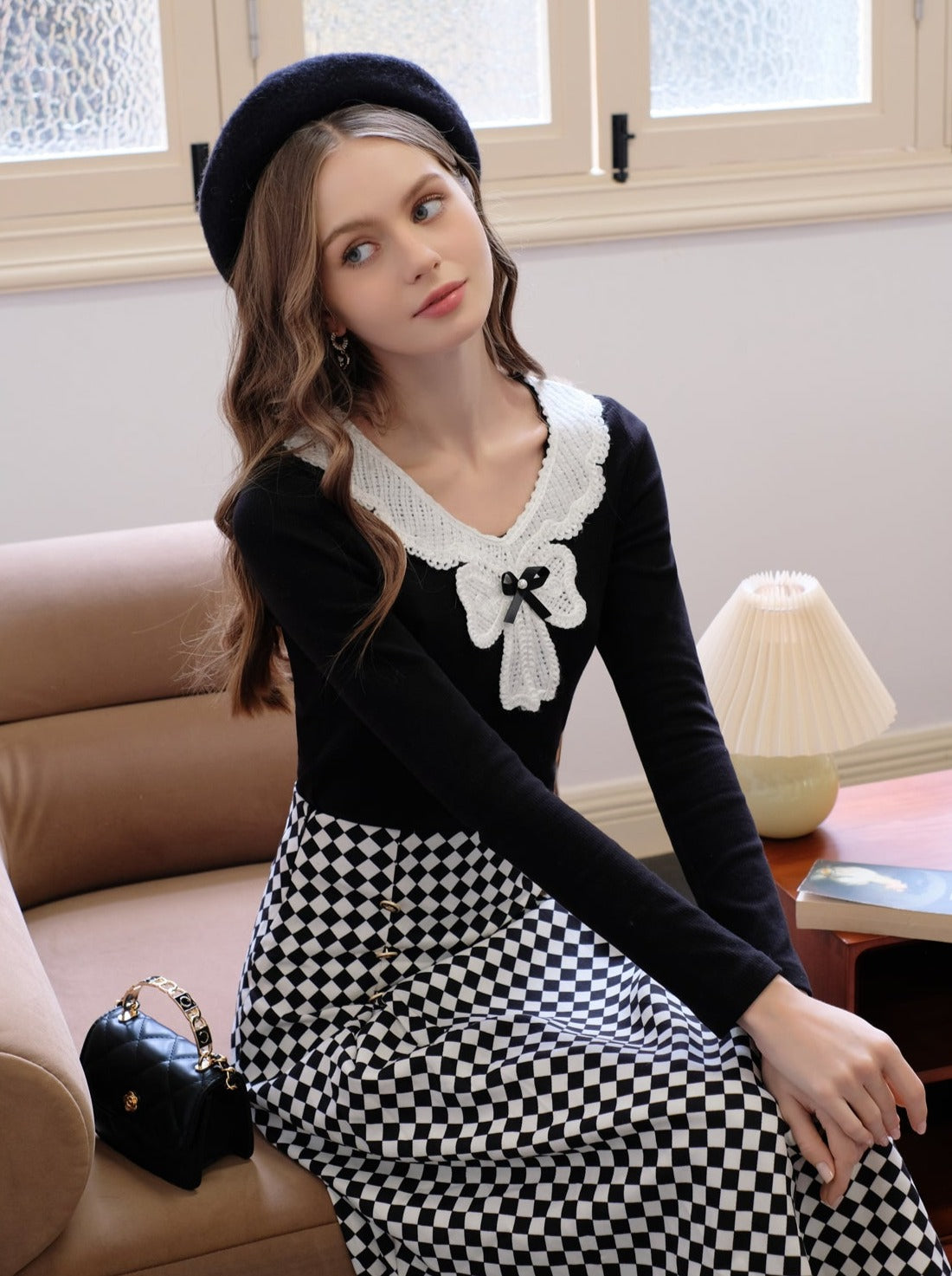 Design Lace Diamond Ribbon + Top Check Skirt