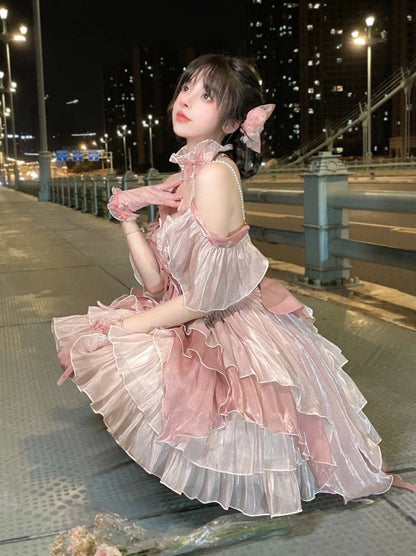 Robe de princesse rose élégante et moelleuse, ensemble de fées fleuries