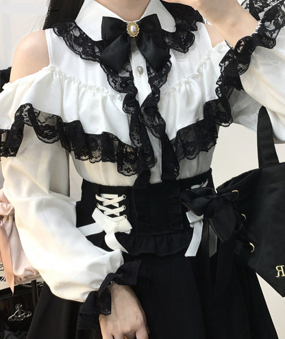 リボンレースオフショルダーシャツ