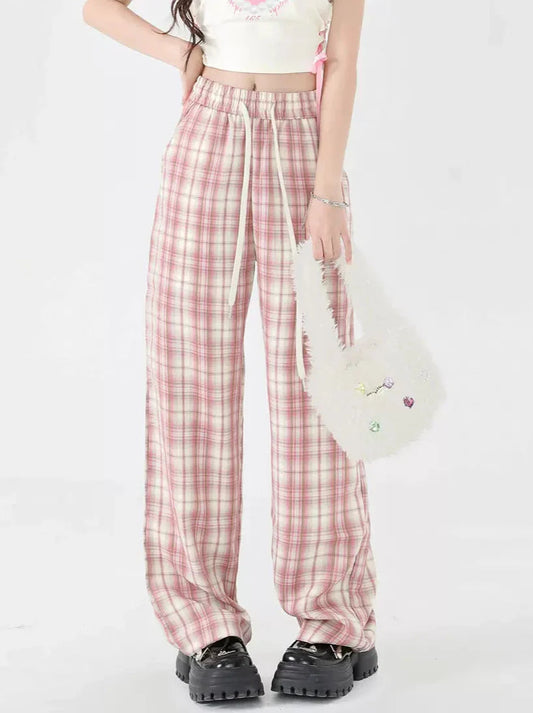 Pantalon décontracté à carreaux rose