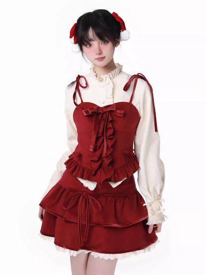 Veste courte à volants en ruban, support de chant, couleur foncée, motif chemise, jupe, costume