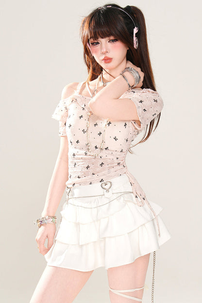 Off-the-shoulder Sheer Milky Bow Top