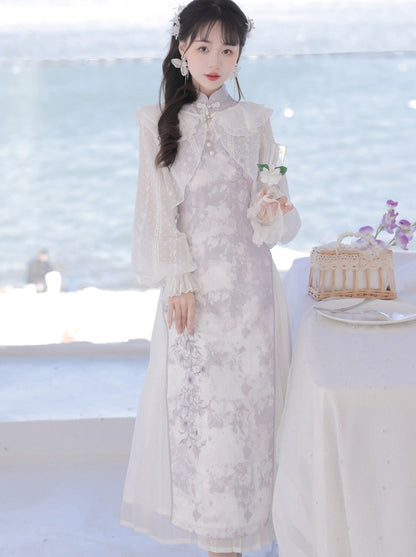 Robe chinoise à volants + cardigan violet à fleurs transparentes légères