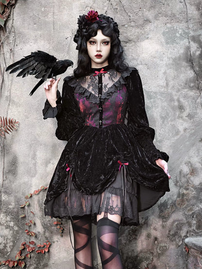Red Dress Puff Sleeve Velvet Rose Lace Cemetery Gothic Dark