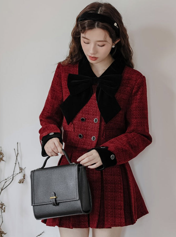Jupe veste + tweed plissé rétro girly foncé